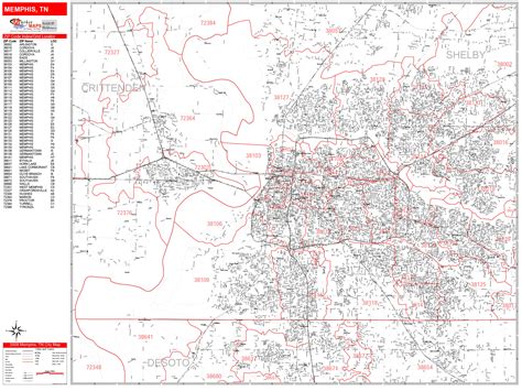 Memphis Tennessee Zip Code Wall Map Red Line Style By Marketmaps