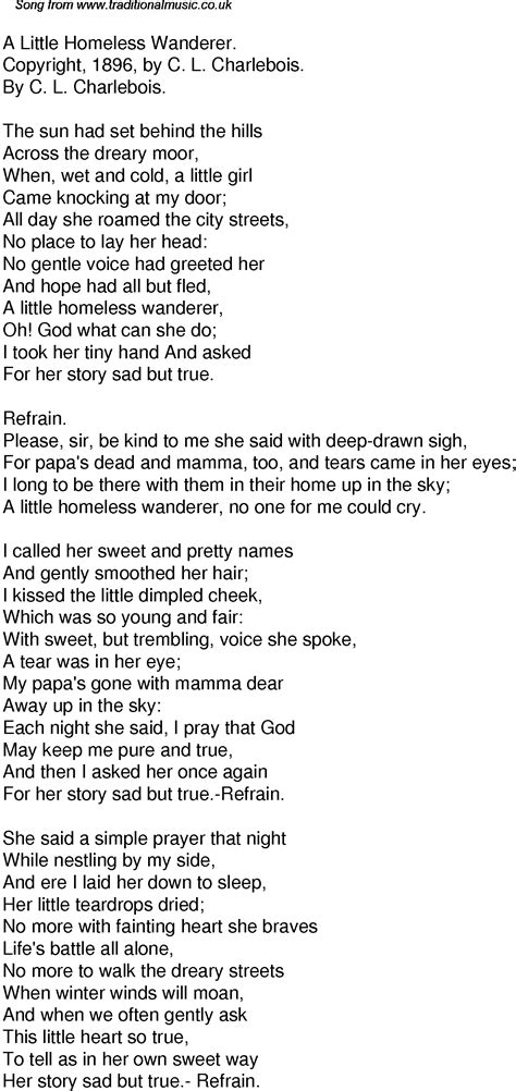 Old Time Song Lyrics For 51 A Little Homeless Wanderer