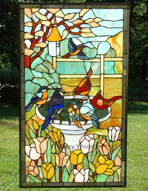 20 X 34 Beautiful Large Stained Glass Window Panel Bird W Birdbath Stained Glass Birds