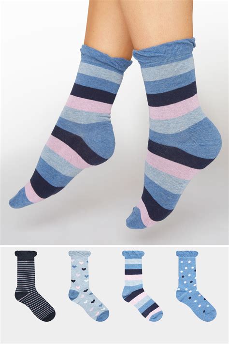 4 Pack Blue Stripe And Heart Ankle Socks Yours Clothing