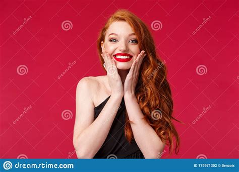 Close Up Portrait Of Excited Happy And Surpirsed Cheerful Gorgeous Redhead Woman With Red