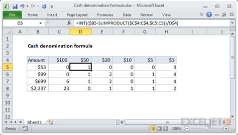 Cash Denomination Calculator Excel Formula Exceljet