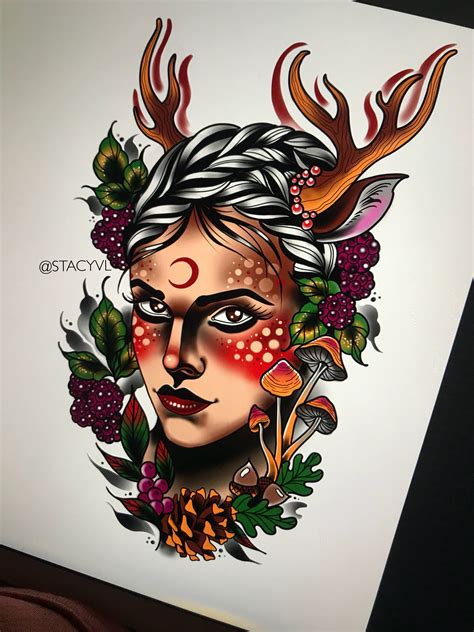Neo Traditional Deer Girl Tattoo Design By Stacyvl Tattoo Designs