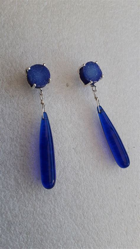 Blue Quartz Earrings Long Blue Drop Earrings Cobalt Blue Etsy Blue