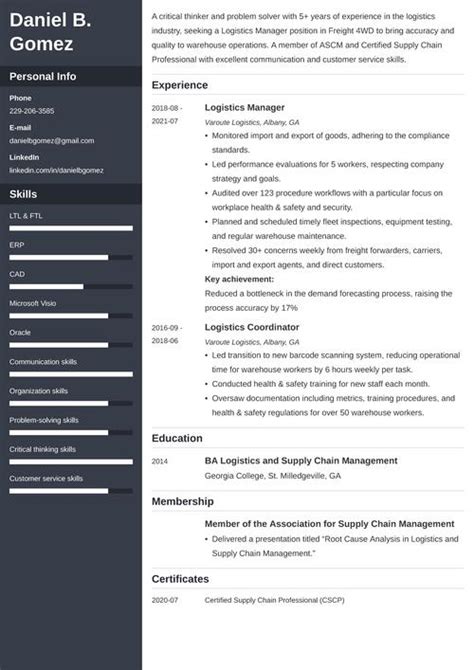 Logistics Manager Resume Sample And Job Description