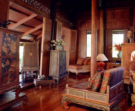 Traditional Thai House With Old Manuscript Cabinet Table