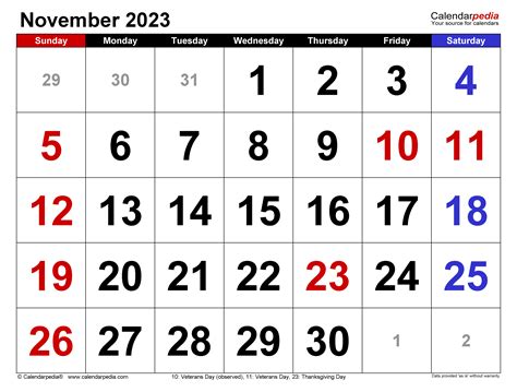 November 2023 Calendar Templates For Word Excel And Pdf