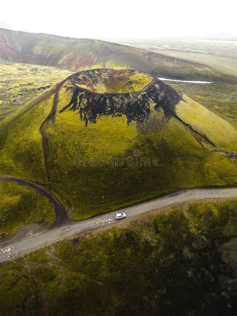 Aerial View Of Laki Volcano Surrounded By Greenery Hills With Road In