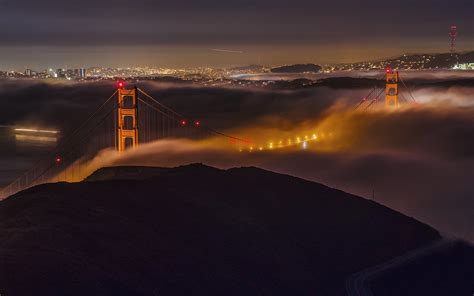 Golden Gate Bridge Bridge San Francisco Fog Mist Night Lights Hd