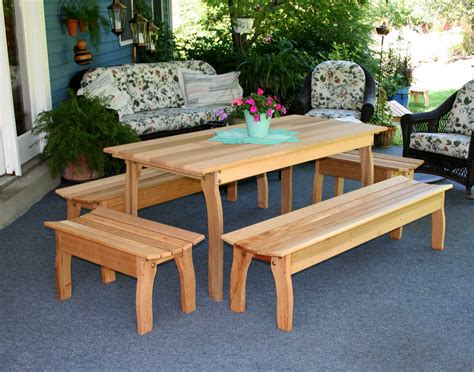 Adirondack fan back style table, patio furniture, cedar furniture, deck furniture, outdoor furniture, patio table, porch table. Red Cedar Contoured Picnic Table w/(4) Benches