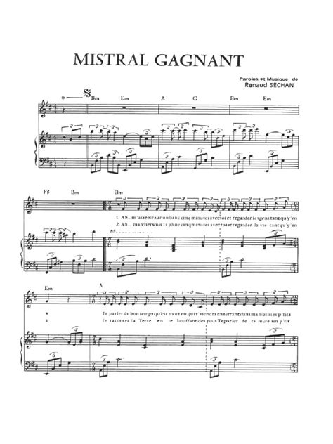 Partition Piano Renaud Mistral Gagnant