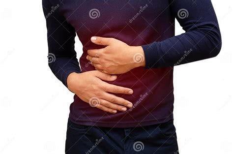 The Man Has Stomach Ache He Holds On To It Red Spot At The Site Of