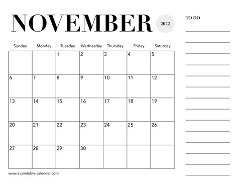 2022 Calendar November A Printable Calendar