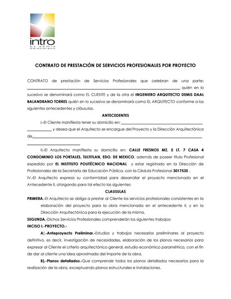 Contrato De Prestacion De Servicios Arquitecto Mexico Fioricet