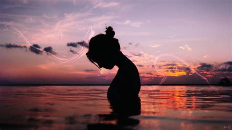 Women Pacific Ocean Sunset Silhouette Wallpapers Hd