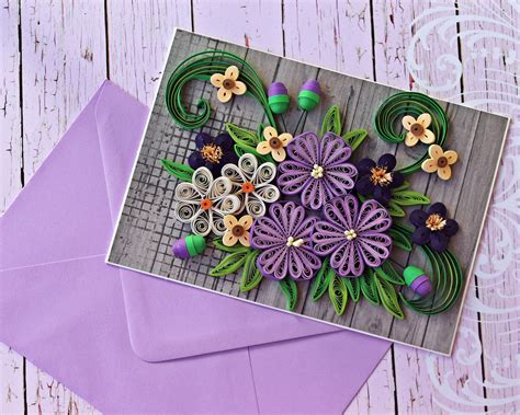 Elegant Handmade Card With Purple Flowers Unique Greeting Card For