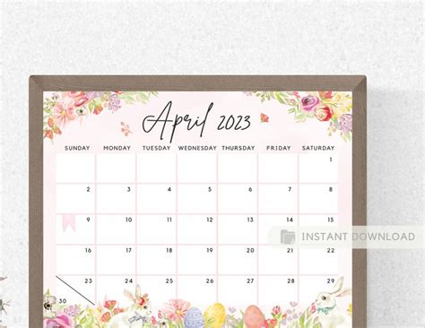 Editable April 2023 Calendar Easter Day Bunny And Eggs Flowery Etsy
