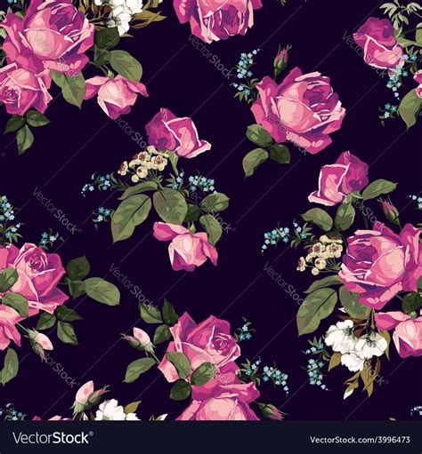 Seamless Floral Pattern With Pink Roses On Dark Vector Image