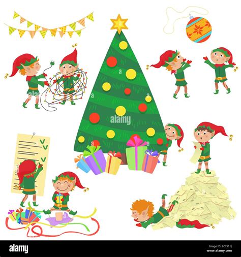 Vector Illustration Of Small Cute Elves Decorating Christmas Tree Stock