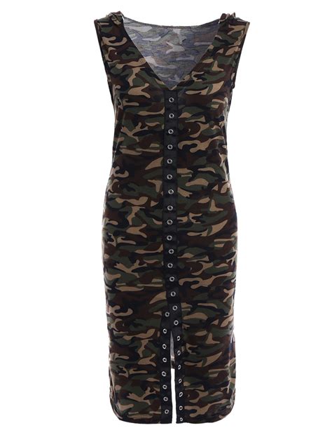 Hooded Camouflage Single Breasted Bodycon Dress Camouflage Dress Bodycon Dress Olive Bodycon