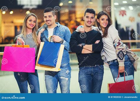 Group Of Friends Shopping In Mall Together Stock Image Image Of