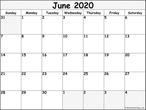 June 2020 Blank Calendar Templates