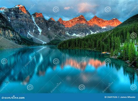 Moraine Lake Sunrise Colorful Landscape Stock Photo Image Of Forest