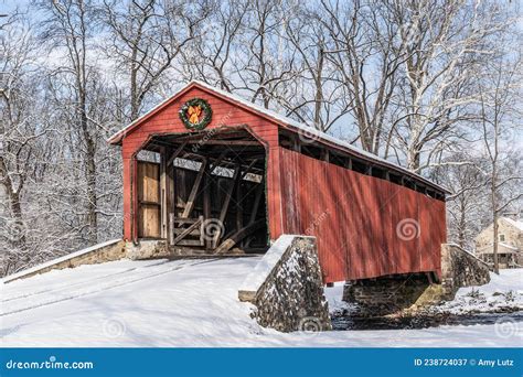 Red Covered Bridge In Snow Stock Image Image Of Country 238724037
