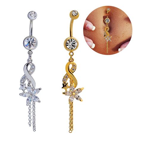 2016 New Sexy 14G Gold Silver Clear Crystal Flower Dangle Belly Button
