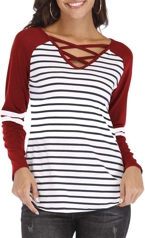 Womens Long Sleeves Blouses Sexy V Neck Criss Cross Tops