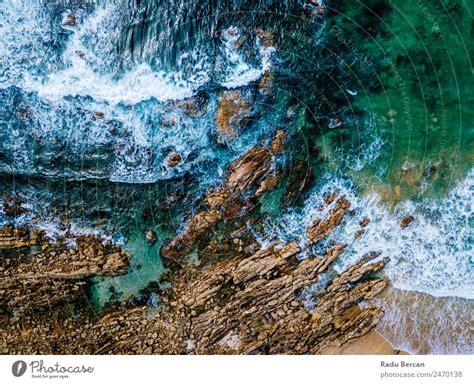 Aerial Panoramic Drone View Of Blue Ocean Waves And Beautiful Sandy