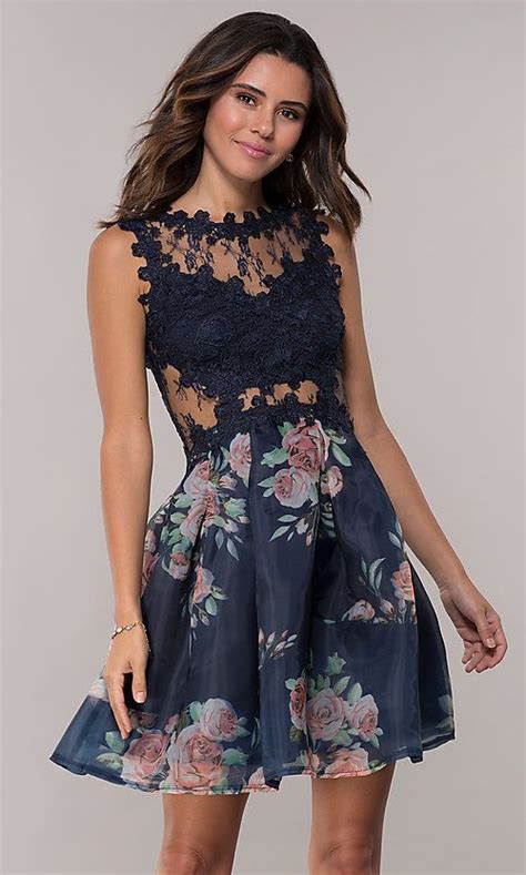 Lace Bodice Short Floral Print Navy Homecoming Dress Printed Pleated