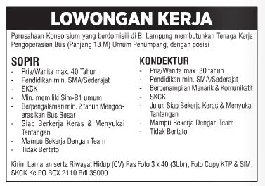 Maybe you would like to learn more about one of these? Lowongan Kerja SOPIR & KONDEKTUR