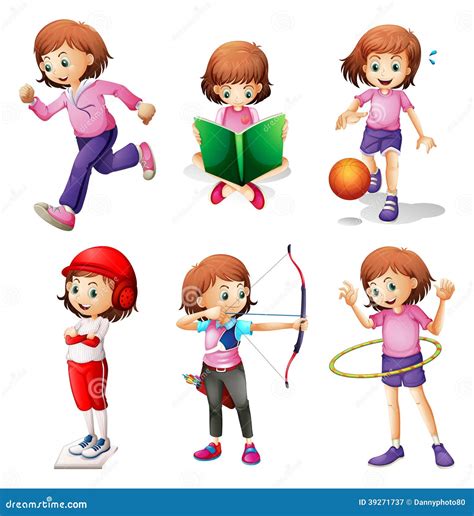 A Young Girl Doing Different Activities Stock Vector Illustration Of