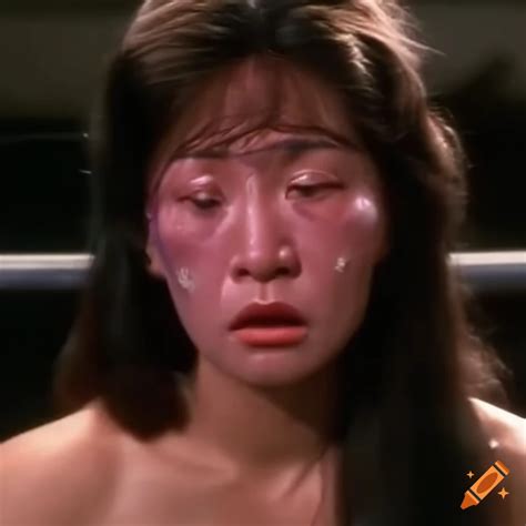 asian woman fighter with bruised head showing dizziness in 80s movie scene on craiyon
