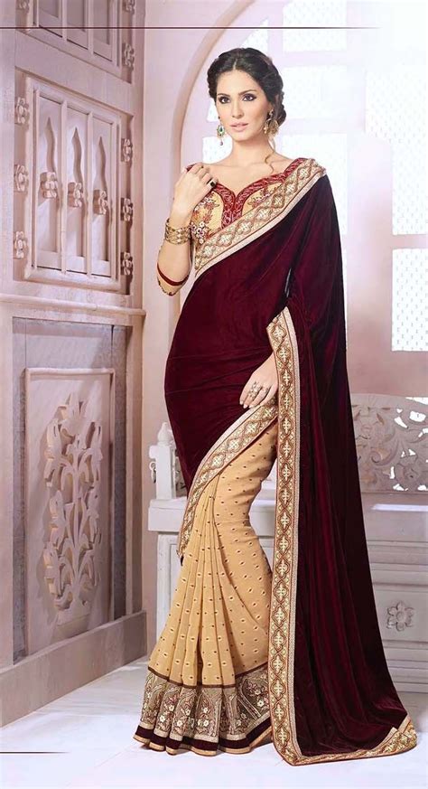 resham work beige and maroon velvet saree with raw silk blouse velvet saree raw silk saree
