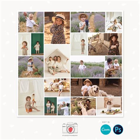 Square Photo Collage Template For Canva And Photoshop Strawberry Kit