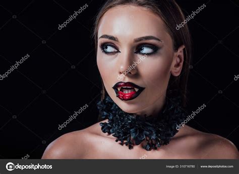 Naked Scary Vampire Girl Fangs Looking Away Isolated Black Stock Photo By AndrewLozovyi