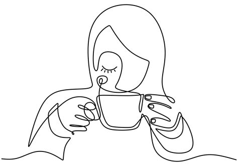Continuous One Line Drawing Vector Of Girl Drinking Coffee With Relax