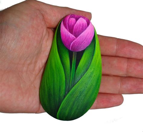 Hand Painted Stone Tulip Flower Stone Painting With Acrylics And