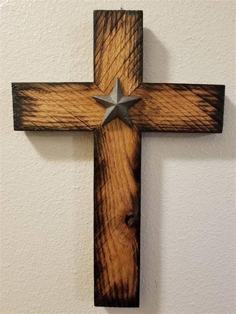 Rustic Rough Sawn Oak Wooden Cross Wall Art With Star Hand Etsy