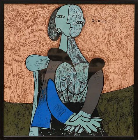 pablo picasso seated woman in blue textile 80cm x 75cm framed and glazed