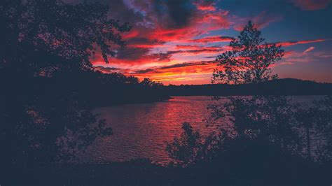 Red Evening Sunset Lake View From Forest Woods 4k Sunset Wallpapers