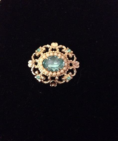 Vintage Gold Tone Brooch With Aqua Stones By Coro