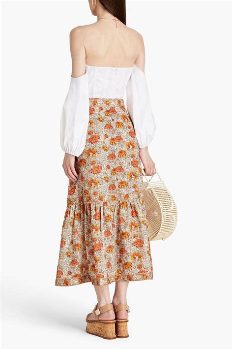 Zimmermann Andie Gathered Floral Print Linen Midi Skirt The Outnet