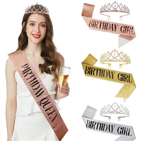 Rose Gold Birthday Queen Girl Satin Sash With Crystal Crown For Women Girls Birthday Decorations