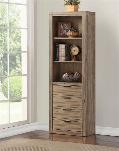 Fc Design Tall Bookcase With 3 Shelves And 4 Drawers In Distressed Wood