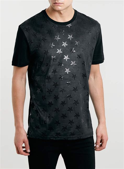 Black Leather Look Embossed Stars T Shirt Tee Shirt Print Streetwear