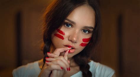 Wallpaper Women Brunette Blue Eyes Open Mouth Finger On Lips Red Nails Looking At Viewer