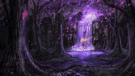 Purple Forest Scenic Fairy Anime Girl Waterfall